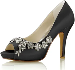 Women Peep Toe Platform Rhinestones Bridal Pumps Satin Stiletto Heels Slip On Wedding Bride Shoes with Crystal High Heel Wedding Pump