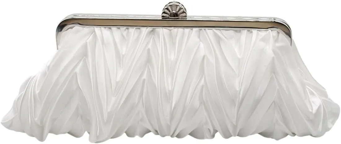 Women Pleated Satin Clutch Bride Purse Elegant Rhinestone Evening Bag Banquet Party Handbag