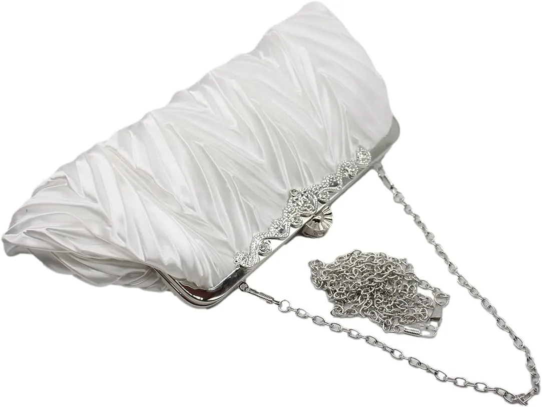 Women Pleated Satin Clutch Bride Purse Elegant Rhinestone Evening Bag Banquet Party Handbag