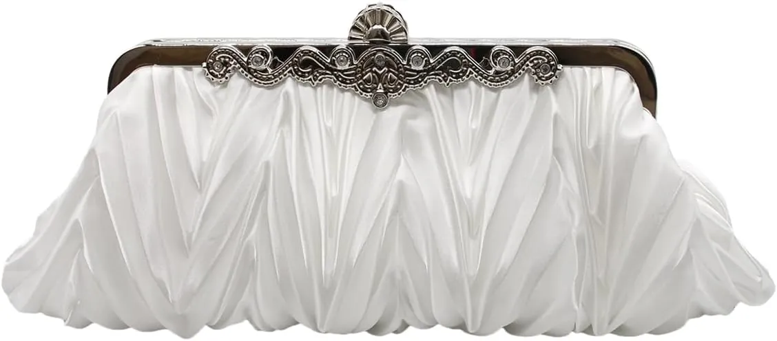 Women Pleated Satin Clutch Bride Purse Elegant Rhinestone Evening Bag Banquet Party Handbag