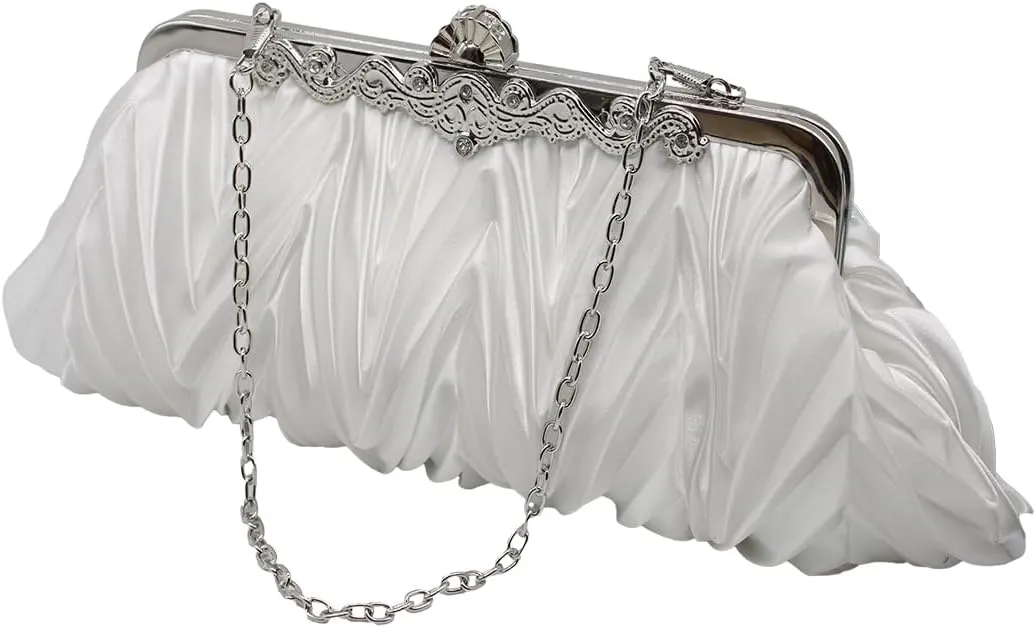 Women Pleated Satin Clutch Bride Purse Elegant Rhinestone Evening Bag Banquet Party Handbag