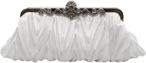 Women Pleated Satin Clutch Bride Purse Elegant Rhinestone Evening Bag Banquet Party Handbag