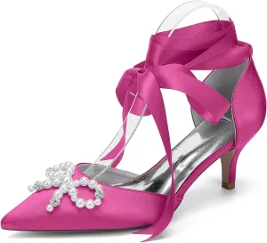 Women Pointed Toe Heels Satin Pearls Stiletto Sandals Wedding Shoes for Bride Ankle Strap Formal Party Dress Pumps