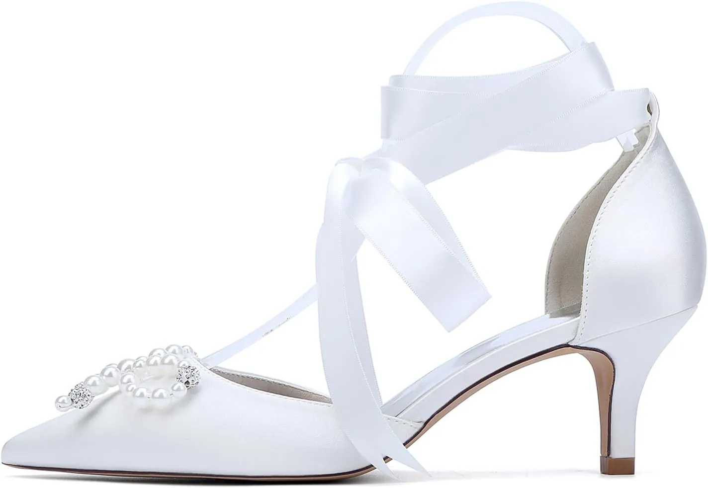 Women Pointed Toe Heels Satin Pearls Stiletto Sandals Wedding Shoes for Bride Ankle Strap Formal Party Dress Pumps