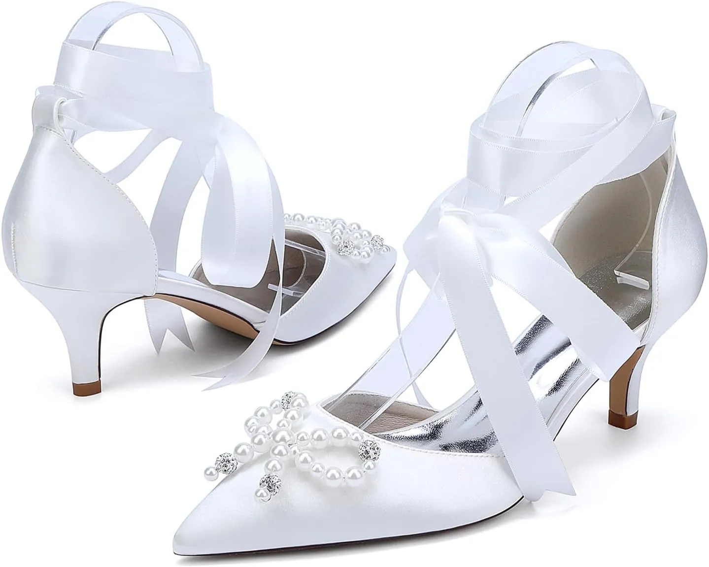 Women Pointed Toe Heels Satin Pearls Stiletto Sandals Wedding Shoes for Bride Ankle Strap Formal Party Dress Pumps