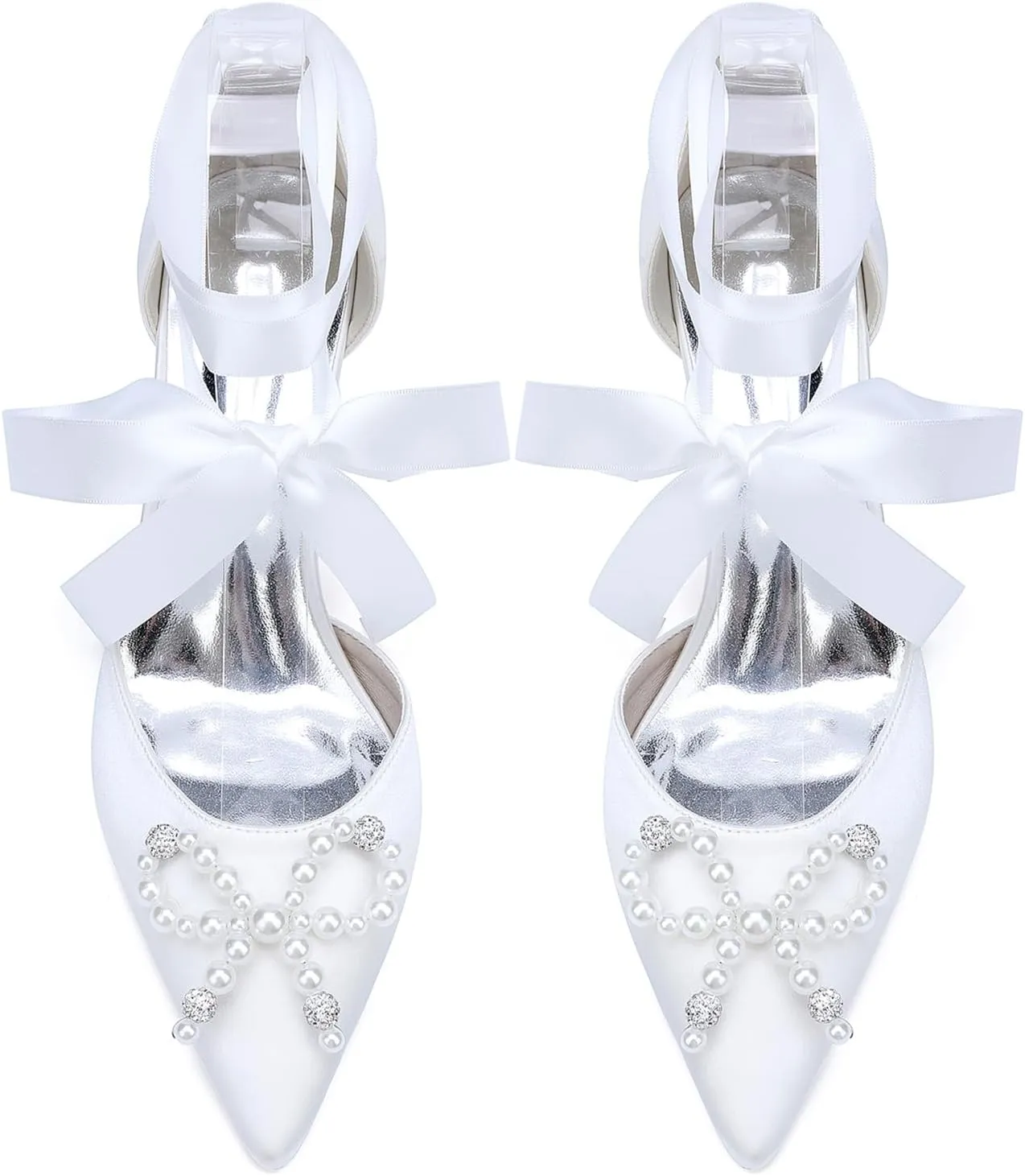 Women Pointed Toe Heels Satin Pearls Stiletto Sandals Wedding Shoes for Bride Ankle Strap Formal Party Dress Pumps