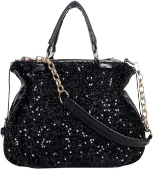Women Punk Chain Handbag Purse Rhinestone Top-handle Shoulder Bag PU Leather Tote Satchel Black