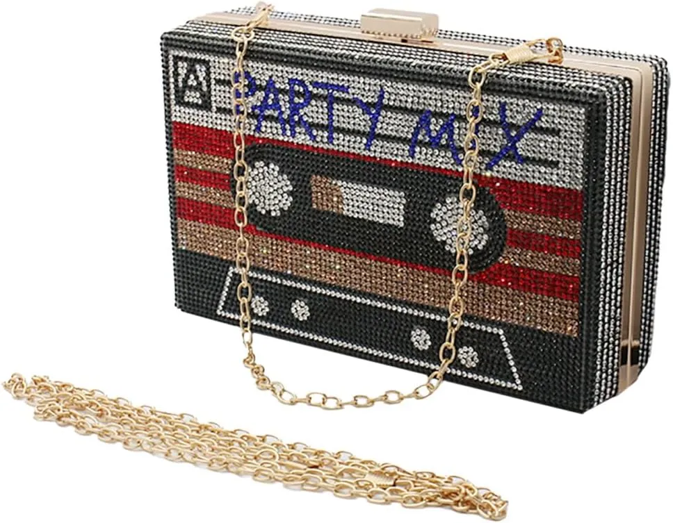 Women Retro Radio Tape-shape Rhinestone Clutch Purse Vintage Crystal Evening Handbag Party Cocktail Shoulder Bag