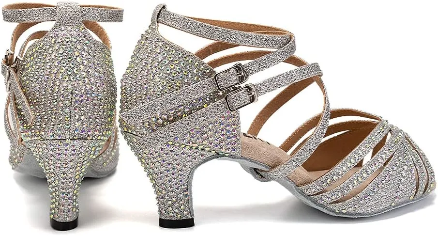 Women Rhinestone Latin Dance Shoes Salsa Bachata Wedding Performance Ballroom Dancing Shoes,Model YC-D27-Suede Sole-2.5”Heel