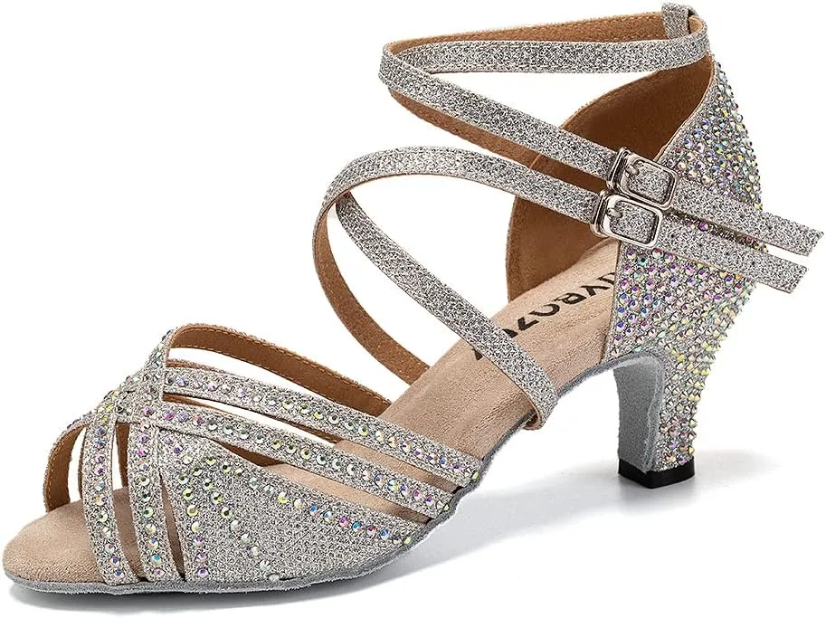 Women Rhinestone Latin Dance Shoes Salsa Bachata Wedding Performance Ballroom Dancing Shoes,Model YC-D27-Suede Sole-2.5”Heel