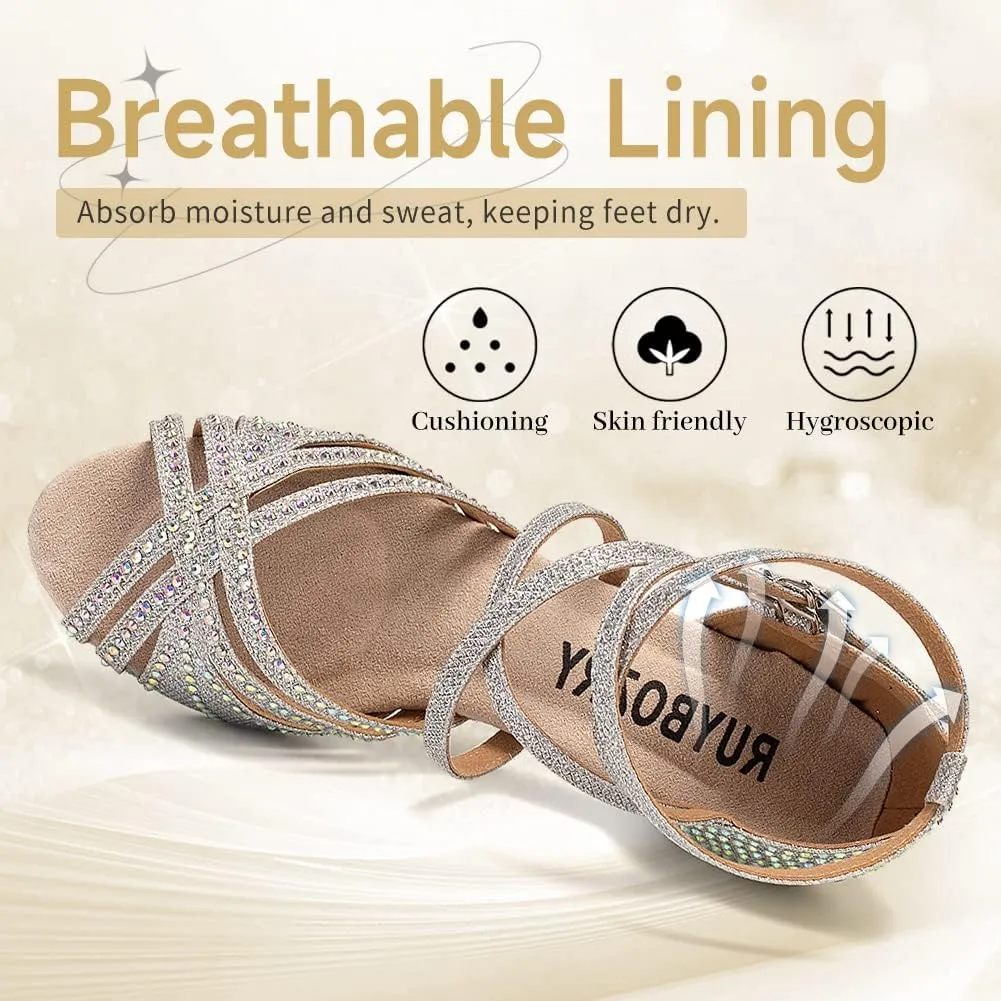 Women Rhinestone Latin Dance Shoes Salsa Bachata Wedding Performance Ballroom Dancing Shoes,Model YC-D27-Suede Sole-2.5”Heel
