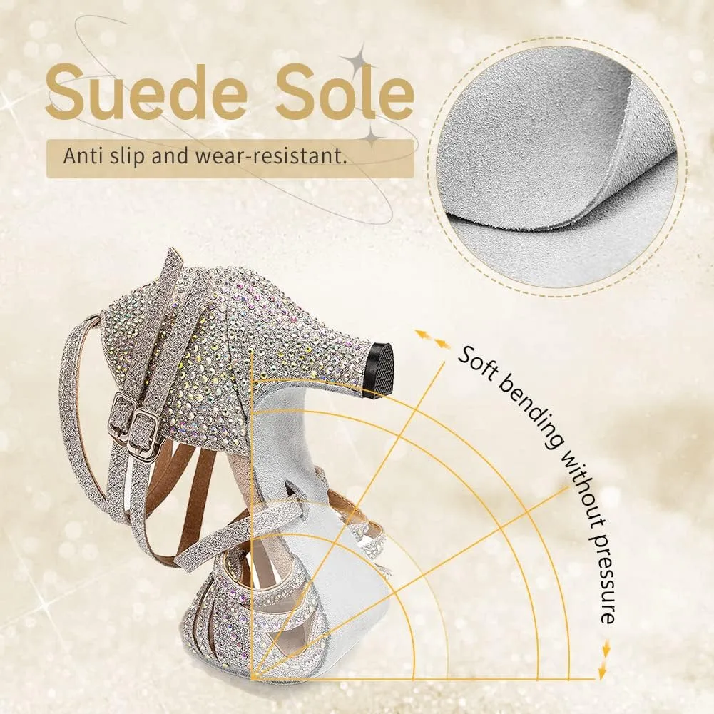 Women Rhinestone Latin Dance Shoes Salsa Bachata Wedding Performance Ballroom Dancing Shoes,Model YC-D27-Suede Sole-2.5”Heel