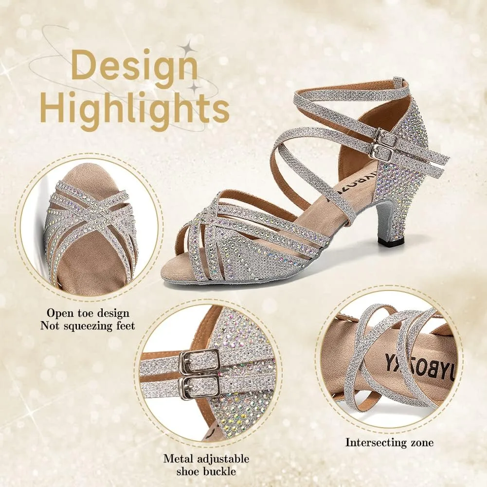Women Rhinestone Latin Dance Shoes Salsa Bachata Wedding Performance Ballroom Dancing Shoes,Model YC-D27-Suede Sole-2.5”Heel