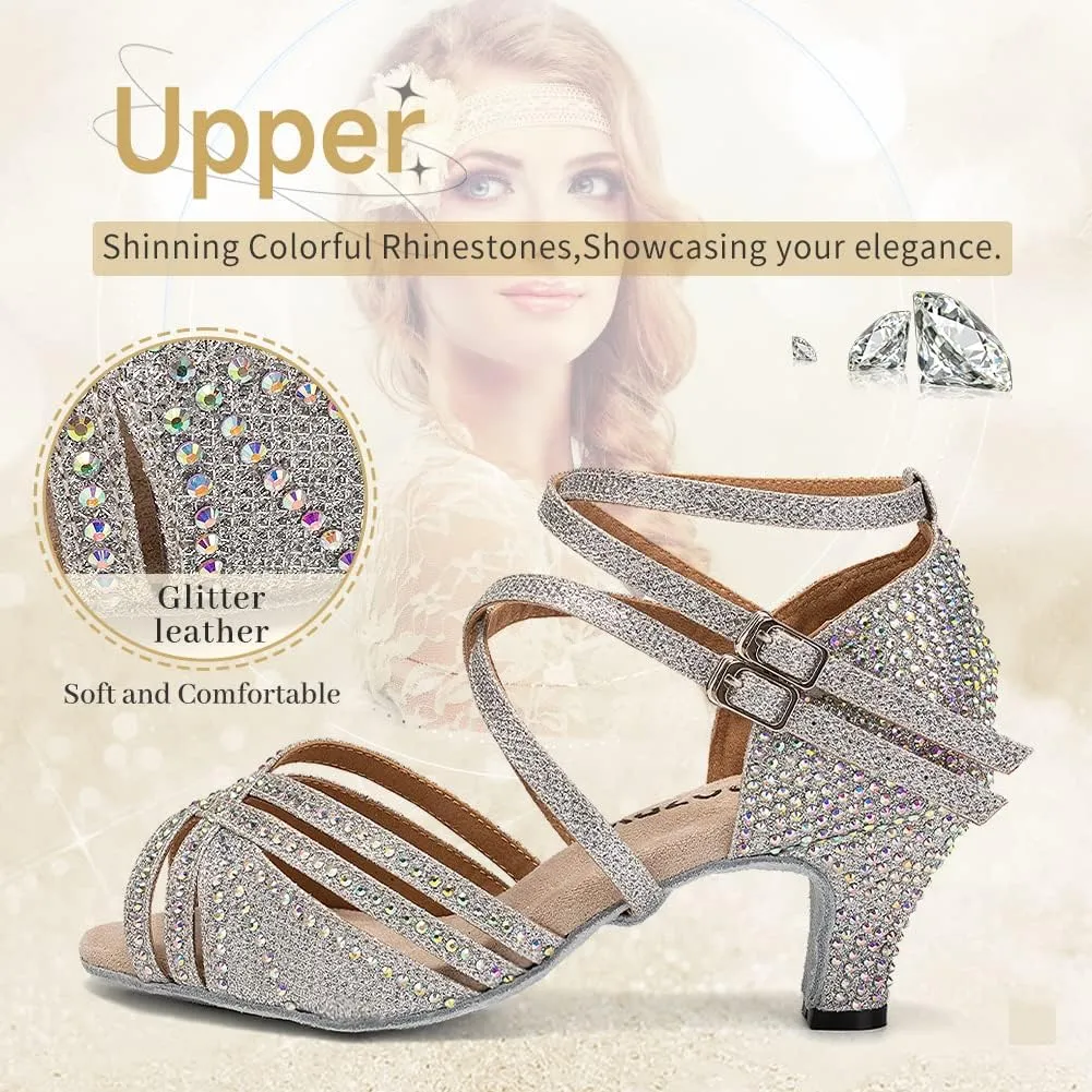 Women Rhinestone Latin Dance Shoes Salsa Bachata Wedding Performance Ballroom Dancing Shoes,Model YC-D27-Suede Sole-2.5”Heel