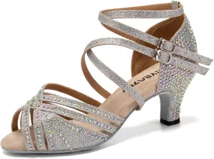 Women Rhinestone Latin Dance Shoes Salsa Bachata Wedding Performance Ballroom Dancing Shoes,Model YC-D27-Suede Sole-2.5”Heel