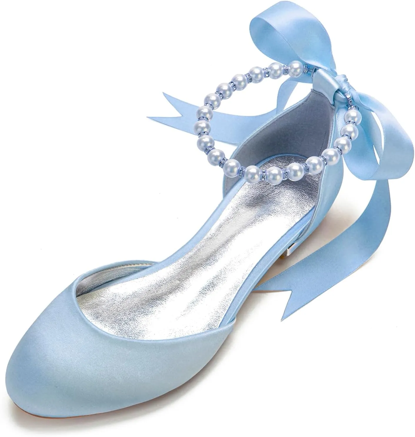 Women Satin Pearls Wedding Flats Shoes for Bride Round Toe Prom Evening Bridal Party Dress Flats