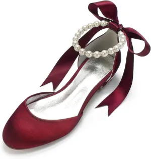 Women Satin Pearls Wedding Flats Shoes for Bride Round Toe Prom Evening Bridal Party Dress Flats