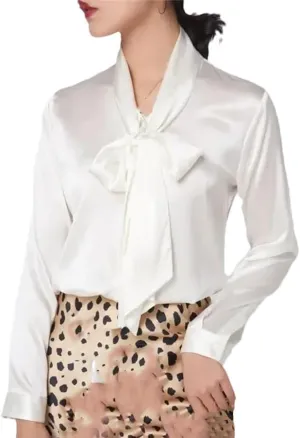 Women Satin Silk Shirt Long Sleeve V Neck Bow Tie Blouse Spring-Summer Business Casual Tops