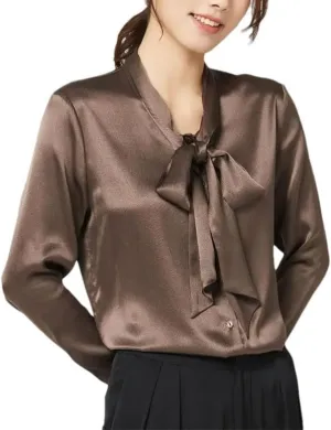 Women Satin Silk Shirt Long Sleeve V Neck Bow Tie Blouse Spring-Summer Business Casual Tops