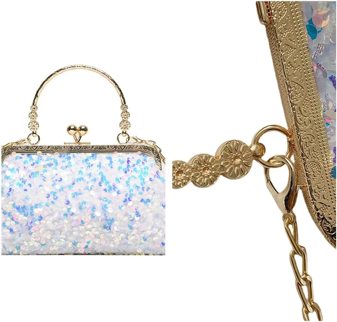 Women Sequins Evening Handbag Glitter Top Handle Purse Chain Cross-body Bag