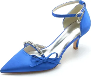 Women Sexy Evening Pointed Toe Satin Low Heel Pumps Kitten Heeled Ankle Strap Shoes with Bow
