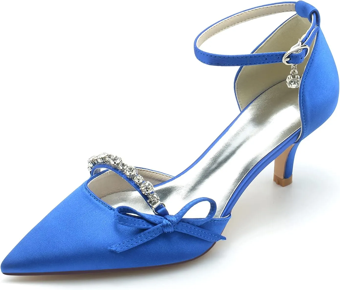 Women Sexy Evening Pointed Toe Satin Low Heel Pumps Kitten Heeled Ankle Strap Shoes with Bow