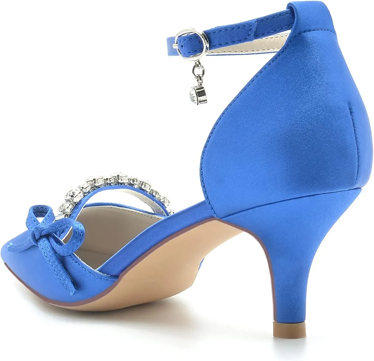 Women Sexy Evening Pointed Toe Satin Low Heel Pumps Kitten Heeled Ankle Strap Shoes with Bow