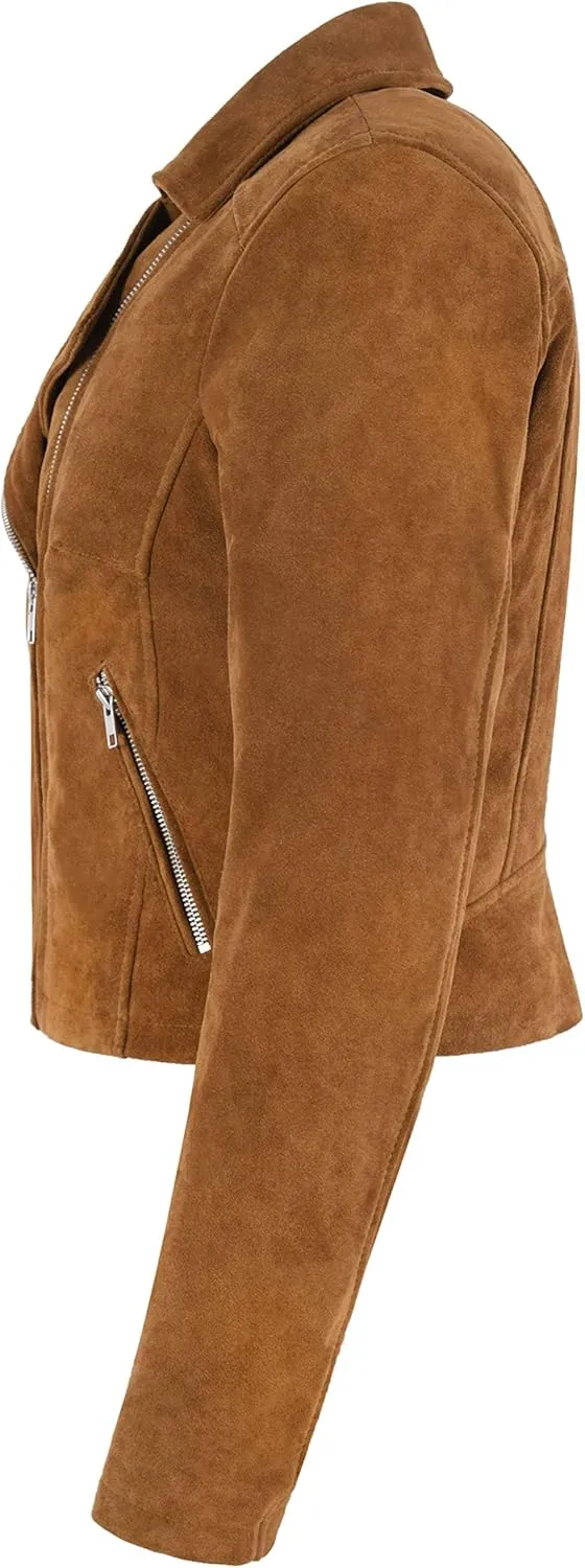 Women SHORT BODY Jacket Classic Tan Suede Leather Fashion Casual Biker Style Jacket 9652