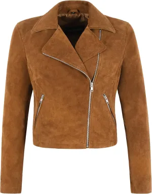 Women SHORT BODY Jacket Classic Tan Suede Leather Fashion Casual Biker Style Jacket 9652
