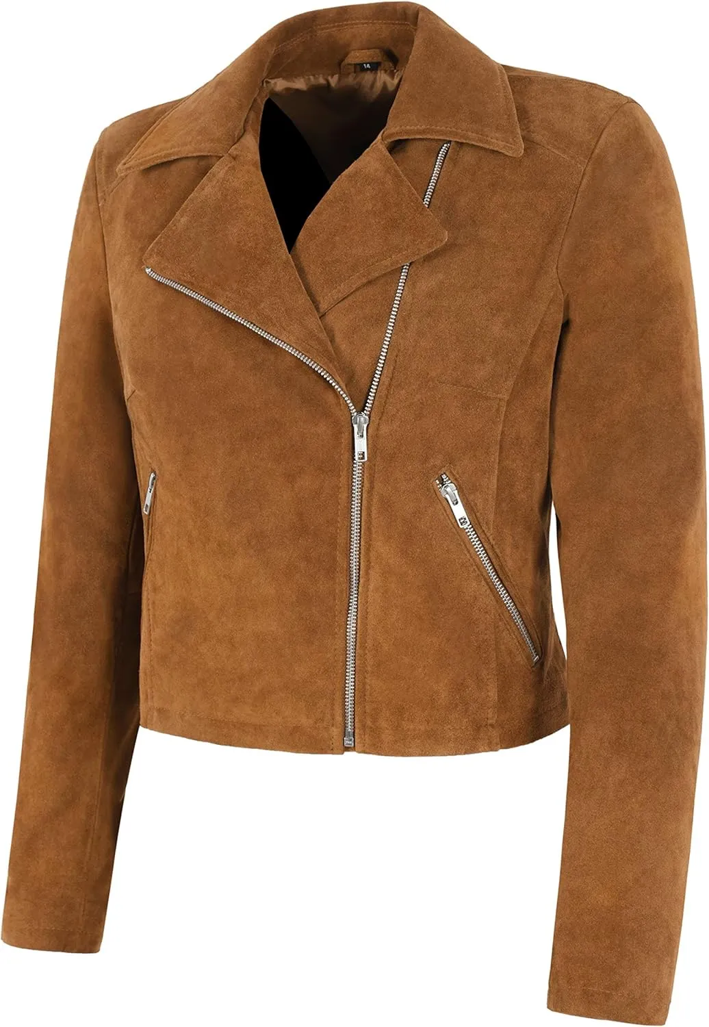 Women SHORT BODY Jacket Classic Tan Suede Leather Fashion Casual Biker Style Jacket 9652