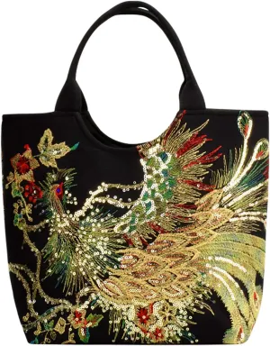 Women Shoulder Bag Peacock Embroidered Shiny Sequins Canvas Tote Handbag Vintage Stylish Party Office Black