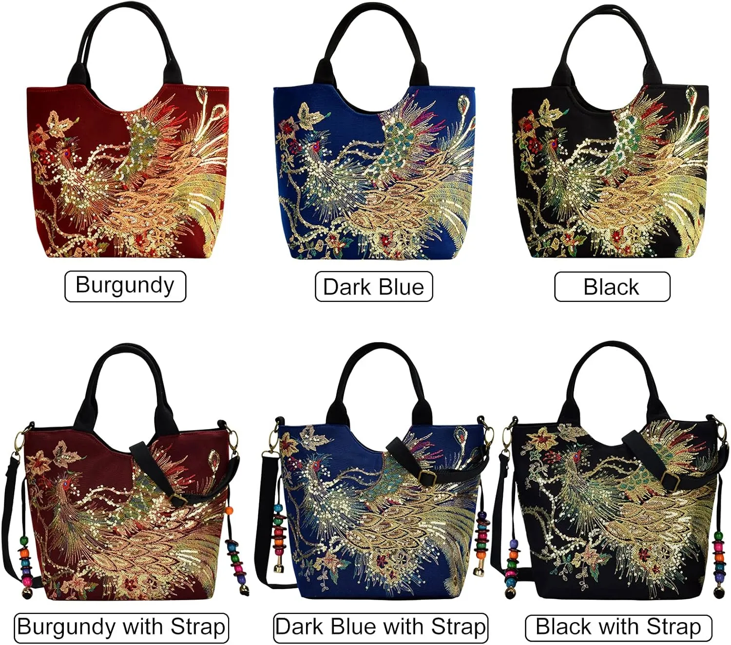 Women Shoulder Bag Peacock Embroidered Shiny Sequins Canvas Tote Handbag Vintage Stylish Party Office Black