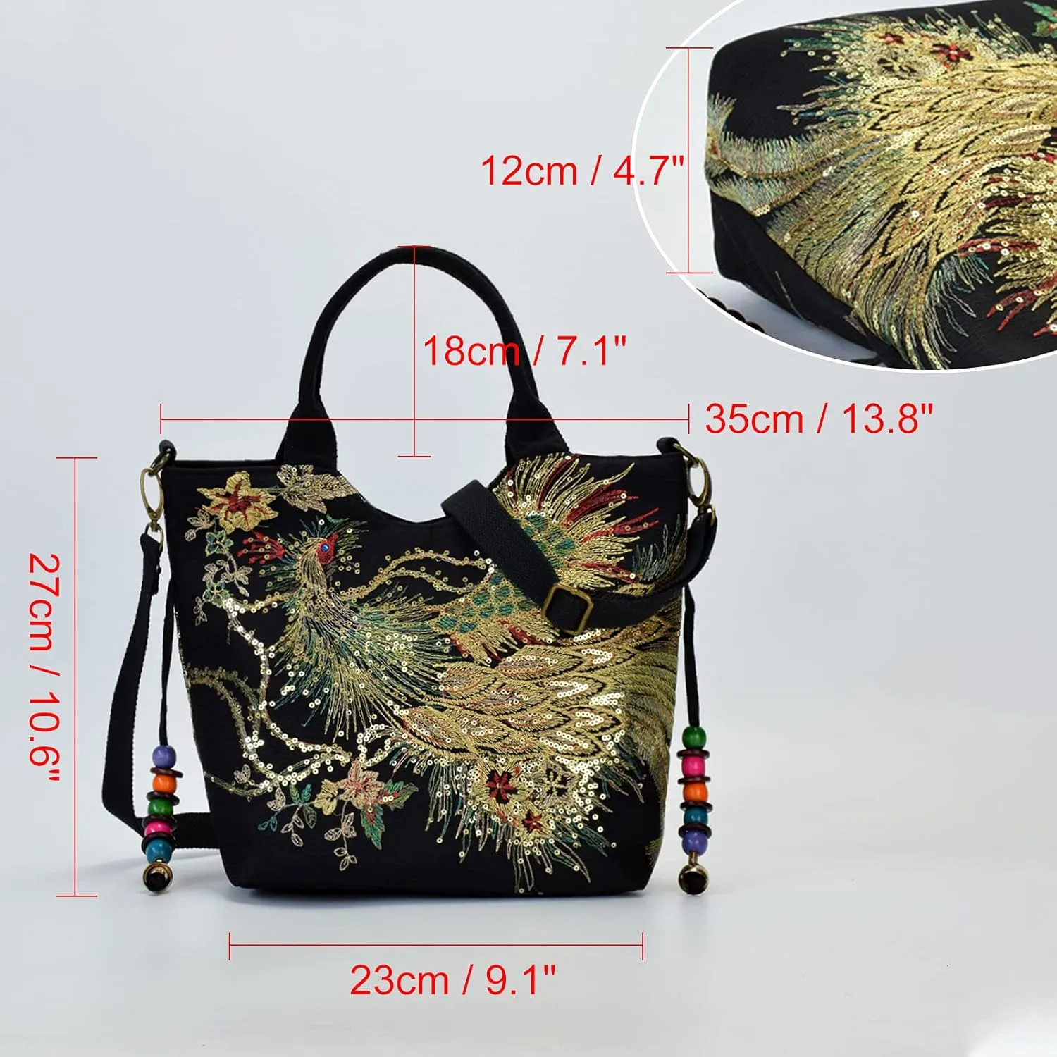 Women Shoulder Bag Peacock Embroidered Shiny Sequins Canvas Tote Handbag Vintage Stylish Party Office Black