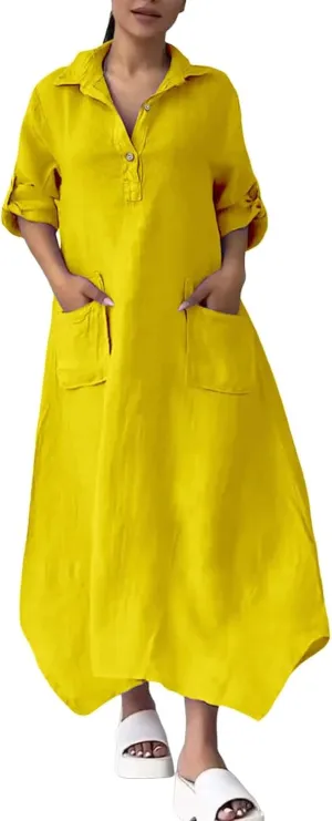 Women Solid Color Long Rolled Sleeve Dress Lapel Collar Button Casual Maxi Dress Loose Fit Basic Dresses with Pockets