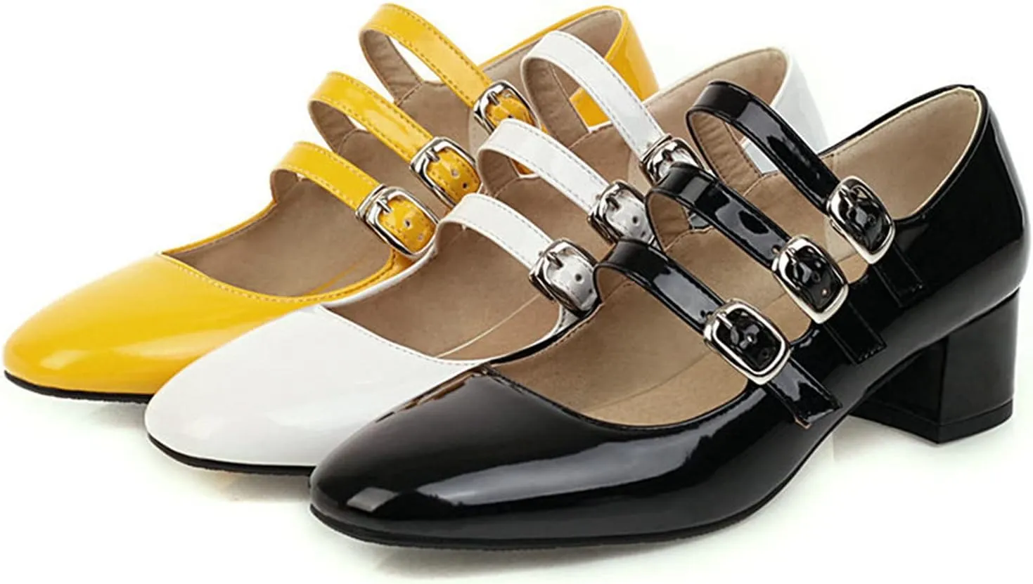 Women Square Toe Mary Jane Pumps 3 Strap Patent Leather Fashion Vintage Chunky Mid Heel Dress Shoes