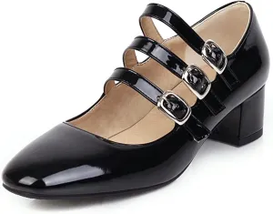 Women Square Toe Mary Jane Pumps 3 Strap Patent Leather Fashion Vintage Chunky Mid Heel Dress Shoes