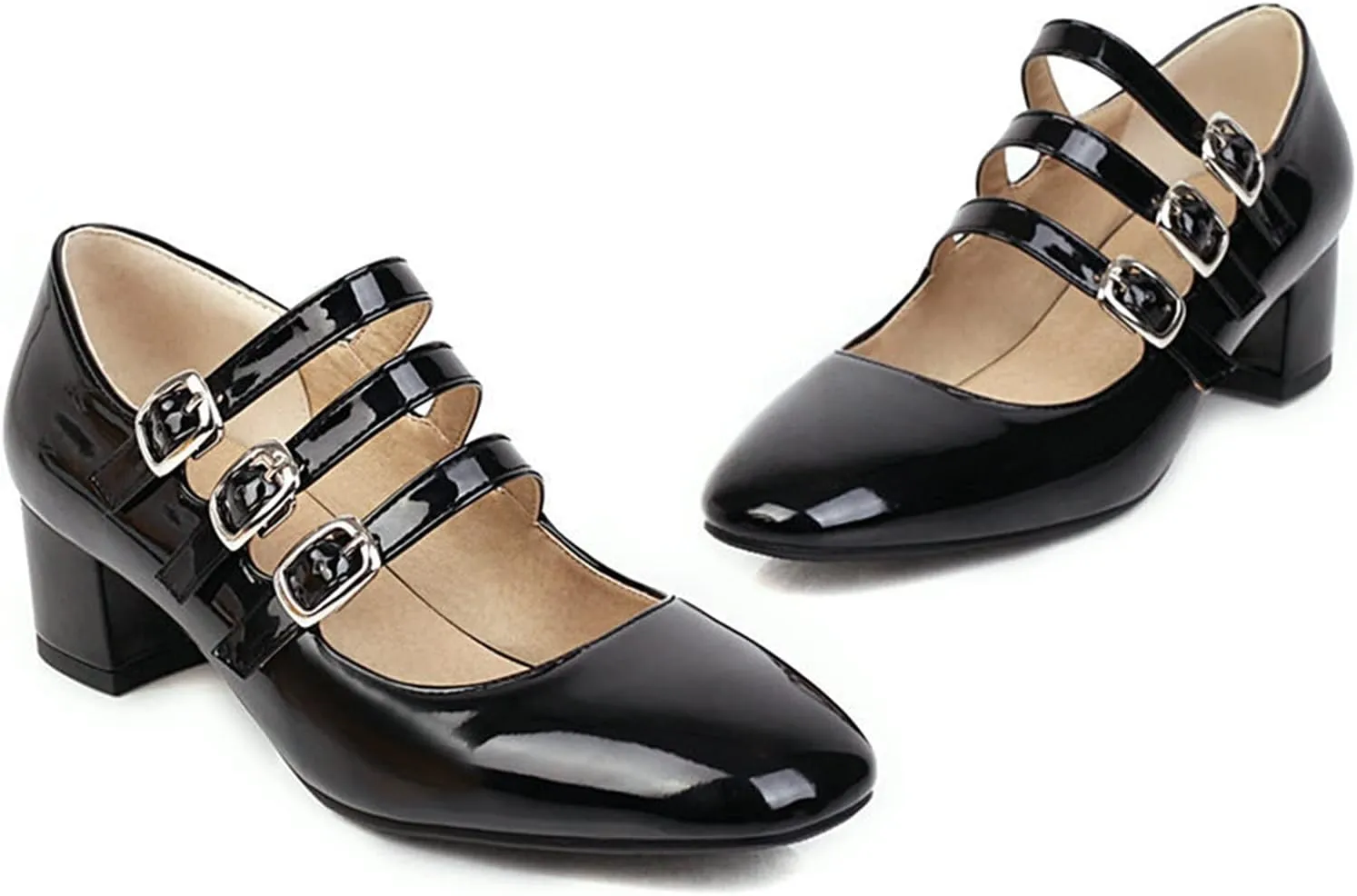 Women Square Toe Mary Jane Pumps 3 Strap Patent Leather Fashion Vintage Chunky Mid Heel Dress Shoes