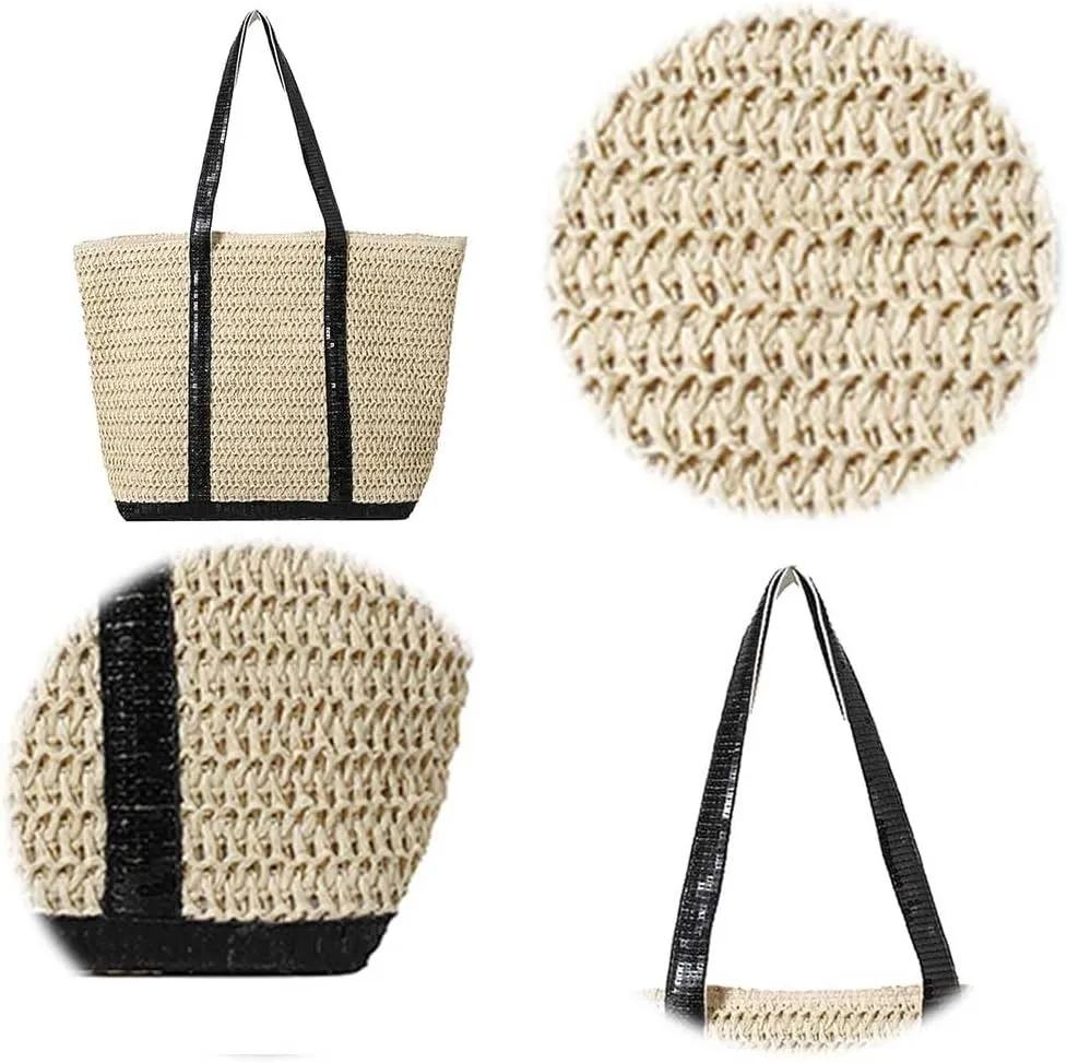 Women Straw Tote Handbag Large Capacity Sequins Crochet Beach Handbag Contrast Color Weaving Travel Bag Ladies Summe