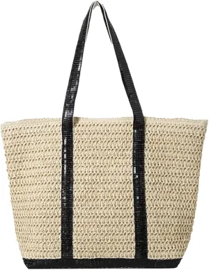Women Straw Tote Handbag Large Capacity Sequins Crochet Beach Handbag Contrast Color Weaving Travel Bag Ladies Summe