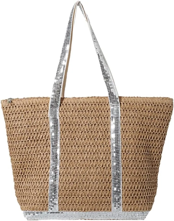 Women Straw Tote Handbag Large Capacity Sequins Crochet Beach Handbag Contrast Color Weaving Travel Bag Ladies Summe