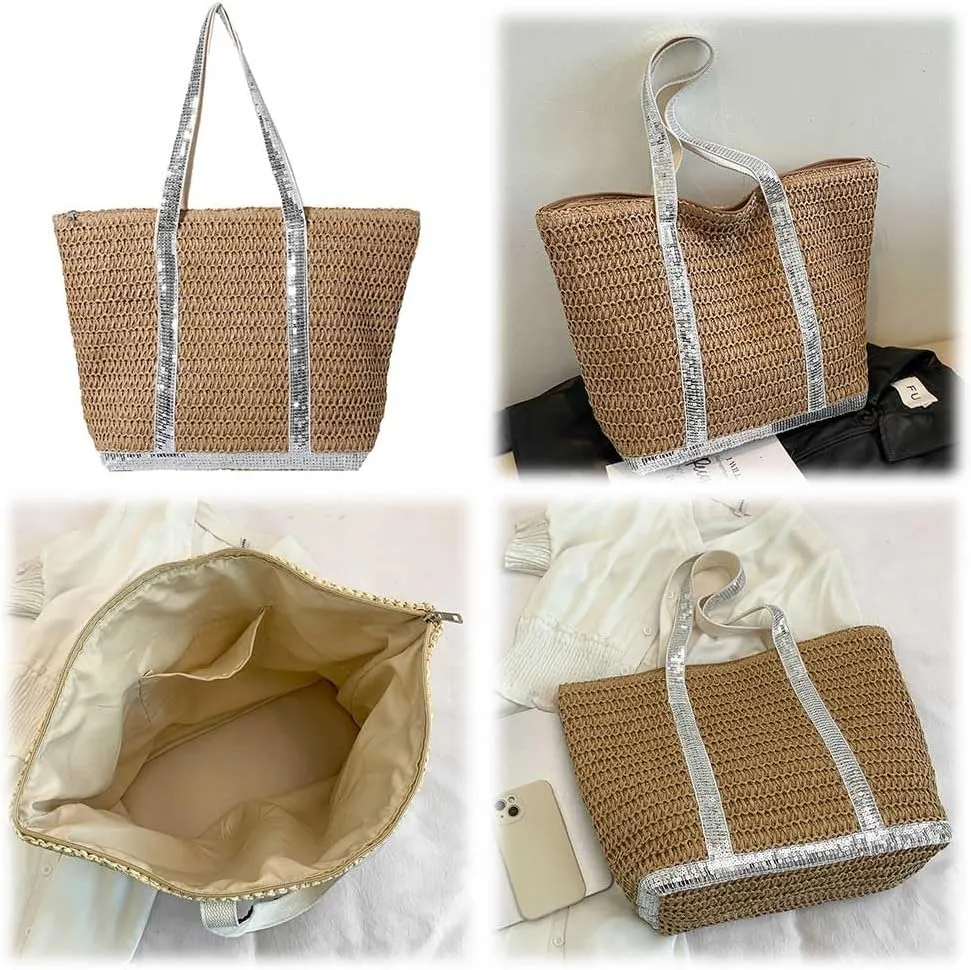 Women Straw Tote Handbag Large Capacity Sequins Crochet Beach Handbag Contrast Color Weaving Travel Bag Ladies Summe