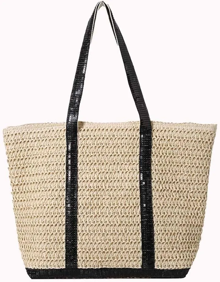 Women Straw Tote Handbag Large Capacity Sequins Crochet Beach Handbag Contrast Color Weaving Travel Bag Ladies Summe