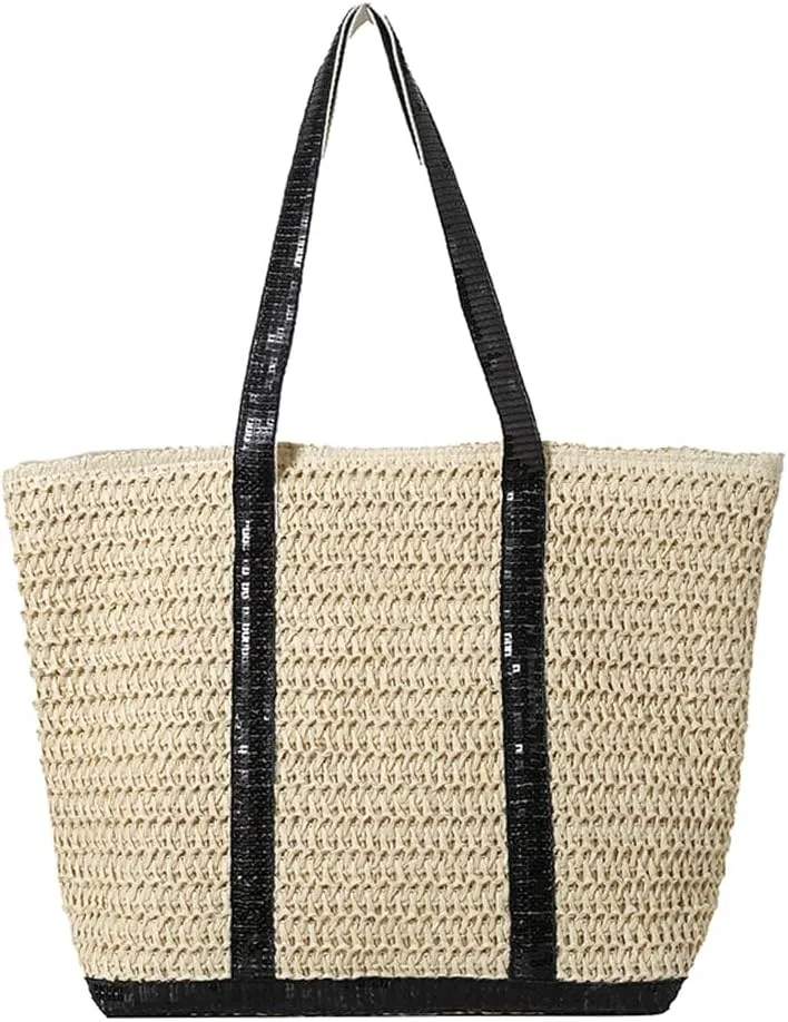 Women Straw Tote Handbag Large Capacity Sequins Crochet Beach Handbag Contrast Color Weaving Travel Bag Ladies Summe