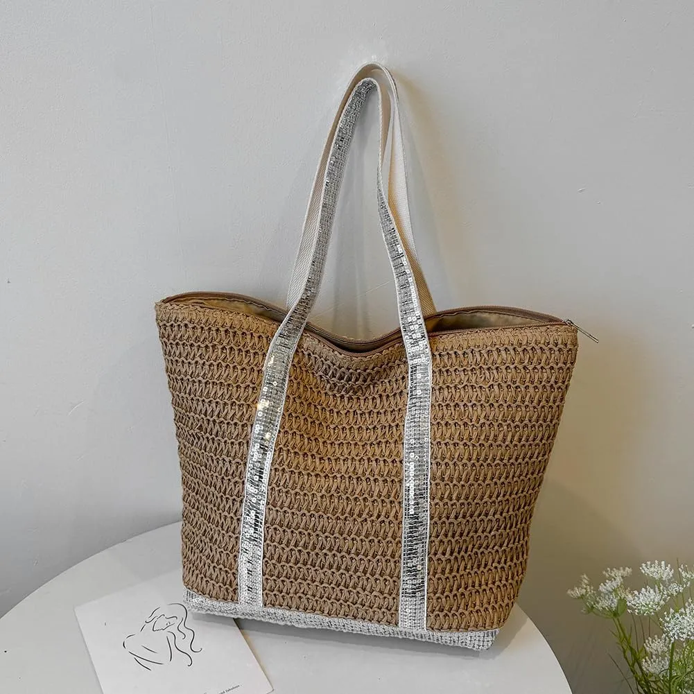 Women Straw Tote Handbag Large Capacity Sequins Crochet Beach Handbag Contrast Color Weaving Travel Bag Ladies Summe