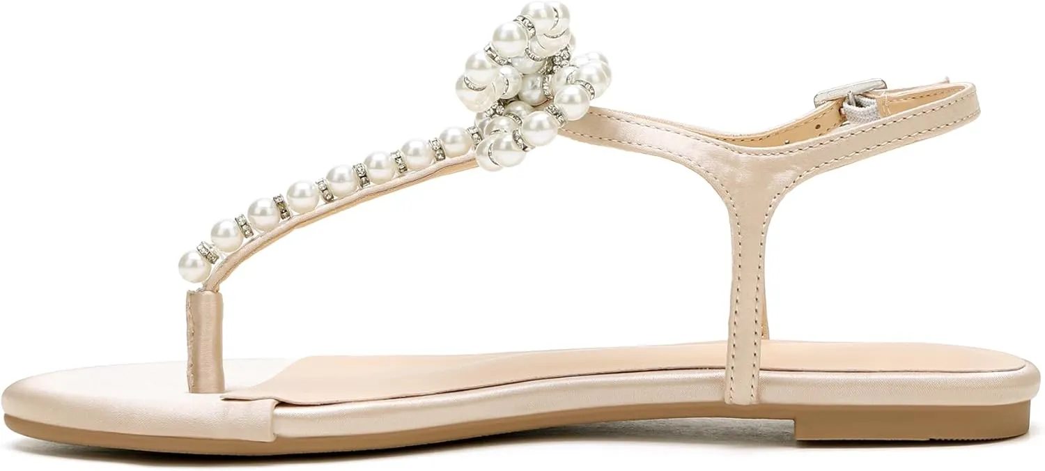 Women T-Strap Thong Sandals with Pearl Roman Style Flats with Bow,Bohemian Casual Beach Slingback Flat Sandals