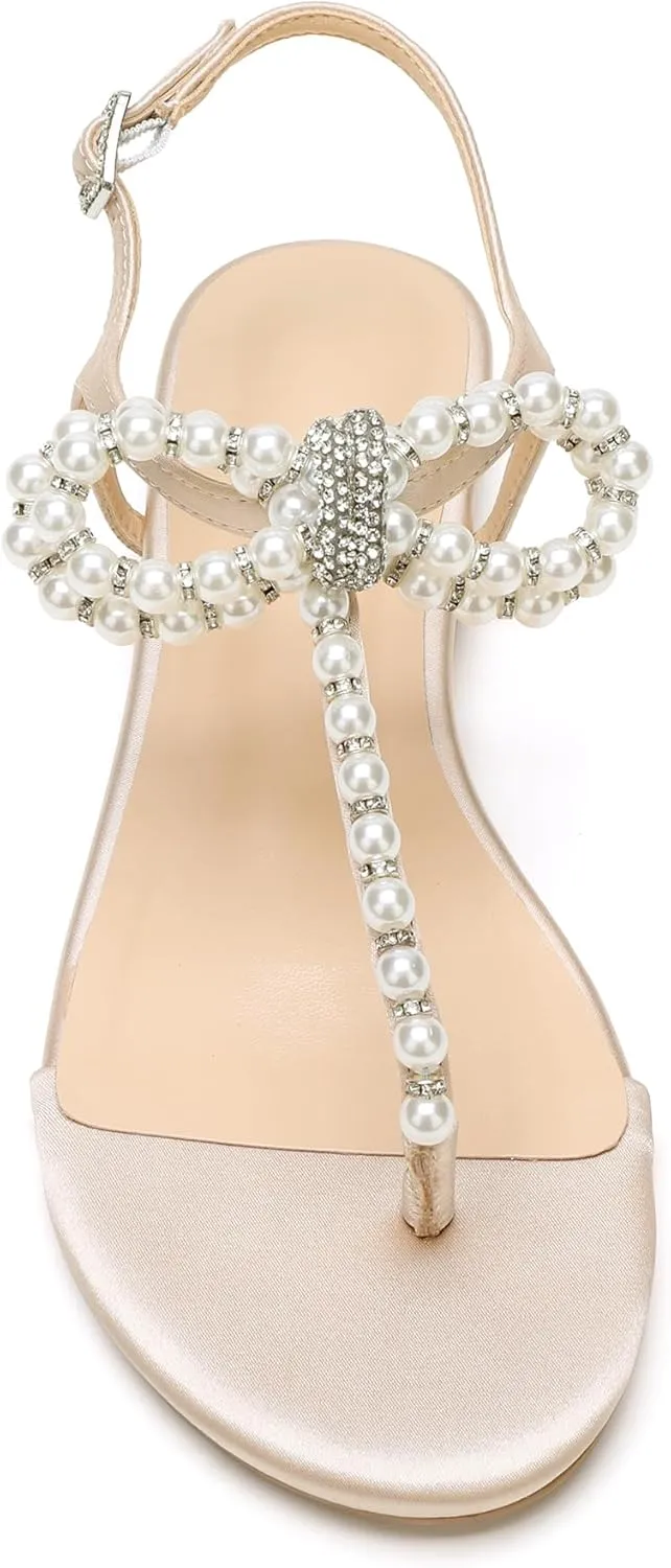 Women T-Strap Thong Sandals with Pearl Roman Style Flats with Bow,Bohemian Casual Beach Slingback Flat Sandals