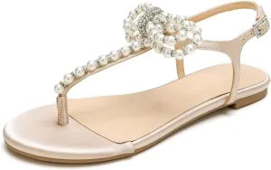 Women T-Strap Thong Sandals with Pearl Roman Style Flats with Bow,Bohemian Casual Beach Slingback Flat Sandals