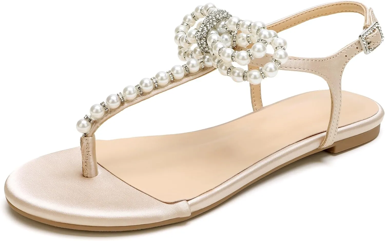 Women T-Strap Thong Sandals with Pearl Roman Style Flats with Bow,Bohemian Casual Beach Slingback Flat Sandals