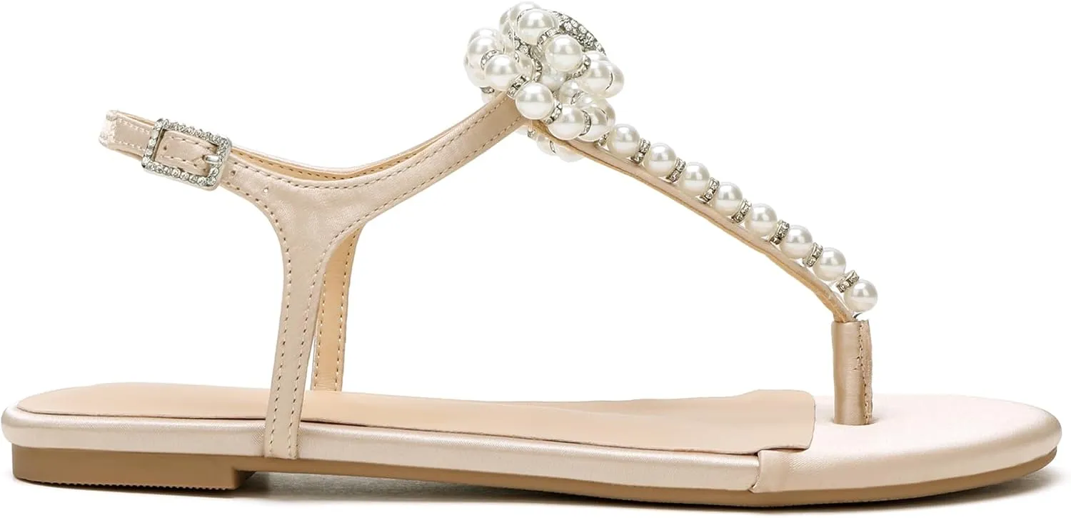 Women T-Strap Thong Sandals with Pearl Roman Style Flats with Bow,Bohemian Casual Beach Slingback Flat Sandals