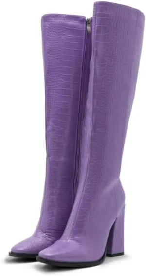 Women Vintage Chunky High Heel Knee High Western Boots Round Closed Toe Crocodile Boots Long Matte Patent Leather Side Zipper Under Knee Combat Boots Two-Toned Patchwork Fall Boot 4-11 M US